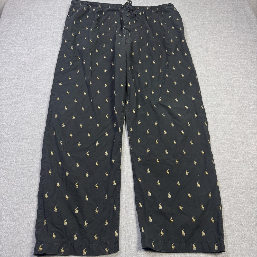 Polo Ralph Lauren Pajama Pants Mens XL Black Graphic Print Drawstring Cotton